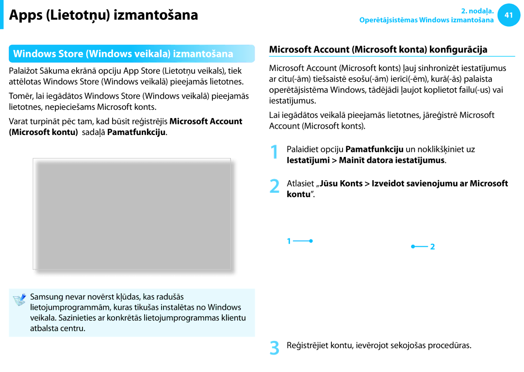 Samsung NP905S3G-K01EE manual Windows Store Windows veikala izmantošana, Microsoft Account Microsoft konta konfigurācija 