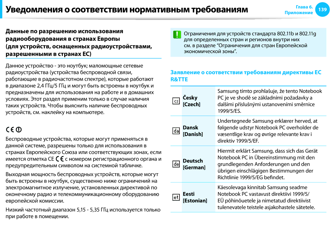 Samsung NP905S3G-K01AE, NP940X3G-K01EE, NP905S3G-K01EE manual Česky, Czech, Dansk, Danish, Deutsch, German, Eesti, Estonian 