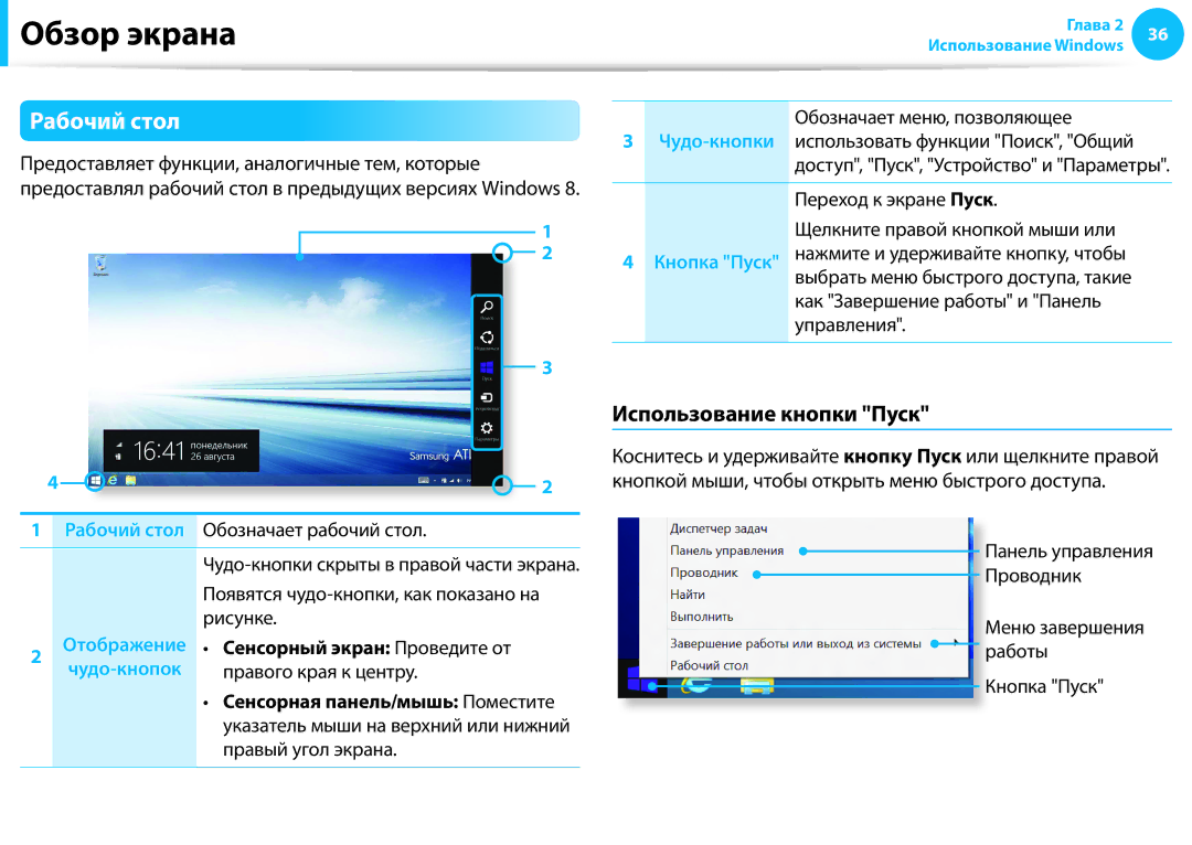 Samsung NP905S3G-K01EE, NP905S3G-K01AE, NP940X3G-K01EE, NP915S3G-K01EE manual Рабочий стол, Использование кнопки Пуск 