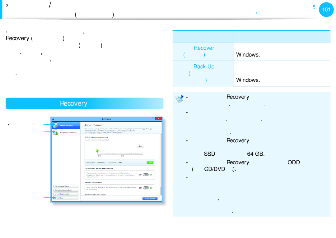Samsung NP915S3G-K02GR, NP905S3G-K01AE manual Παρουσίαση του Recovery, Λειτουργία Περιγραφή Recover, Windows, Back Up 