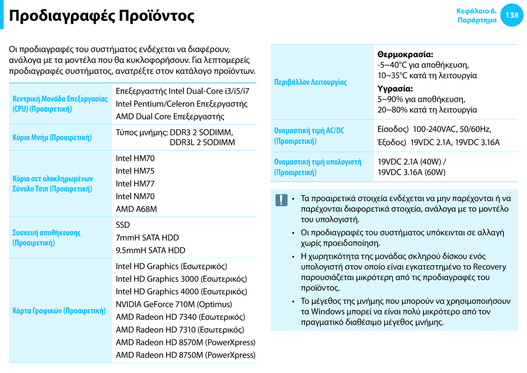 Samsung NP905S3G-K03GR, NP905S3G-K01AE Προδιαγραφές Προϊόντος, CPU Προαιρετική, Συσκευή αποθήκευσης, Ονομαστική τιμή AC/DC 