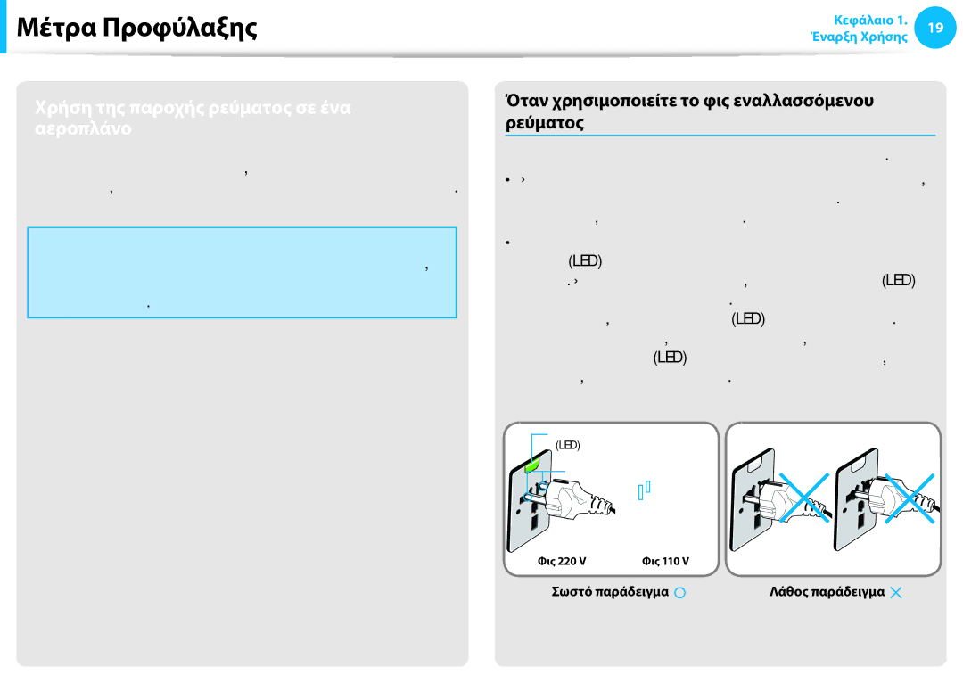 Samsung NP905S3G-K01AE Χρήση της παροχής ρεύματος σε ένα αεροπλάνο, Όταν χρησιμοποιείτε το φις εναλλασσόμενου ρεύματος 