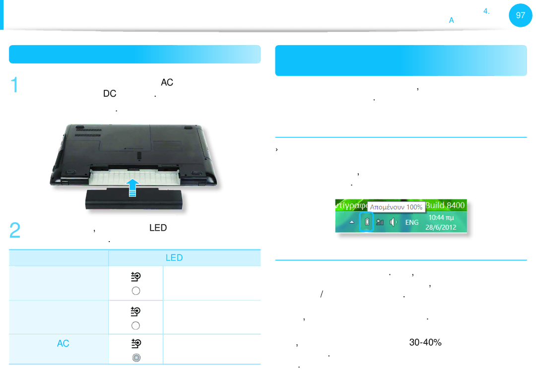 Samsung NP905S3G-K02GR manual Φόρτιση της Μπαταρίας, Μέτρηση της Υπολειπόμενης Φόρτισης της Μπαταρίας, Το τροφοδοτικό AC 