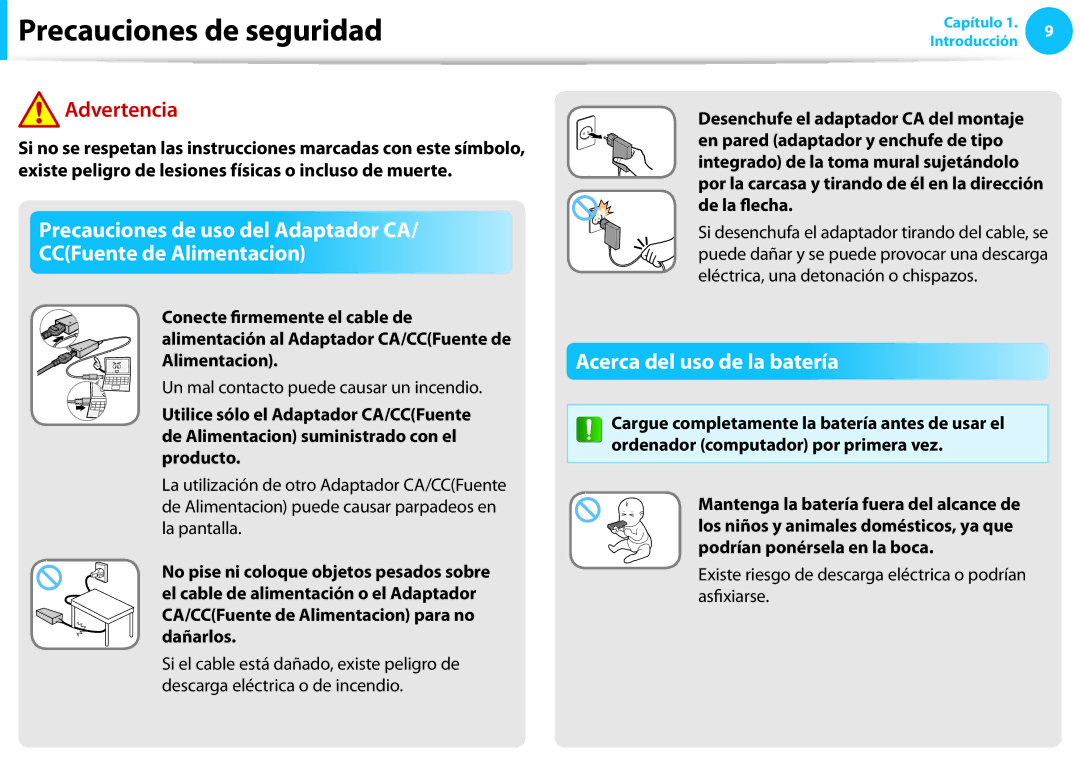 Samsung NP915S3G-K02PT, NP905S3G-K02PT manual Acerca del uso de la batería, Un mal contacto puede causar un incendio 