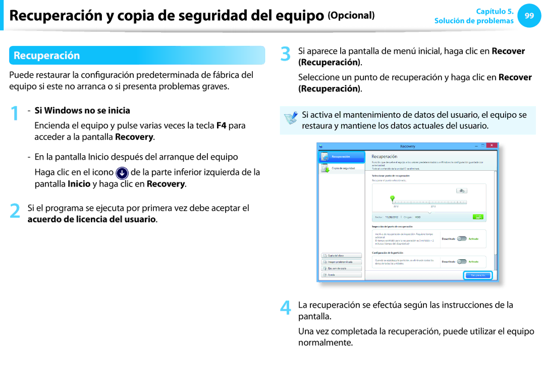 Samsung NP450R5E-X01ES Recuperación, Acceder a la pantalla Recovery, En la pantalla Inicio después del arranque del equipo 