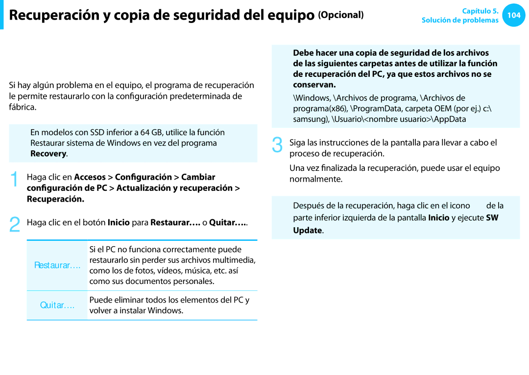 Samsung NP905S3G-K02PT, NP905S3G-K01AE, NP270E5E-X03ES Función de recuperación del sistema en, Windows, Restaurar…, Quitar… 