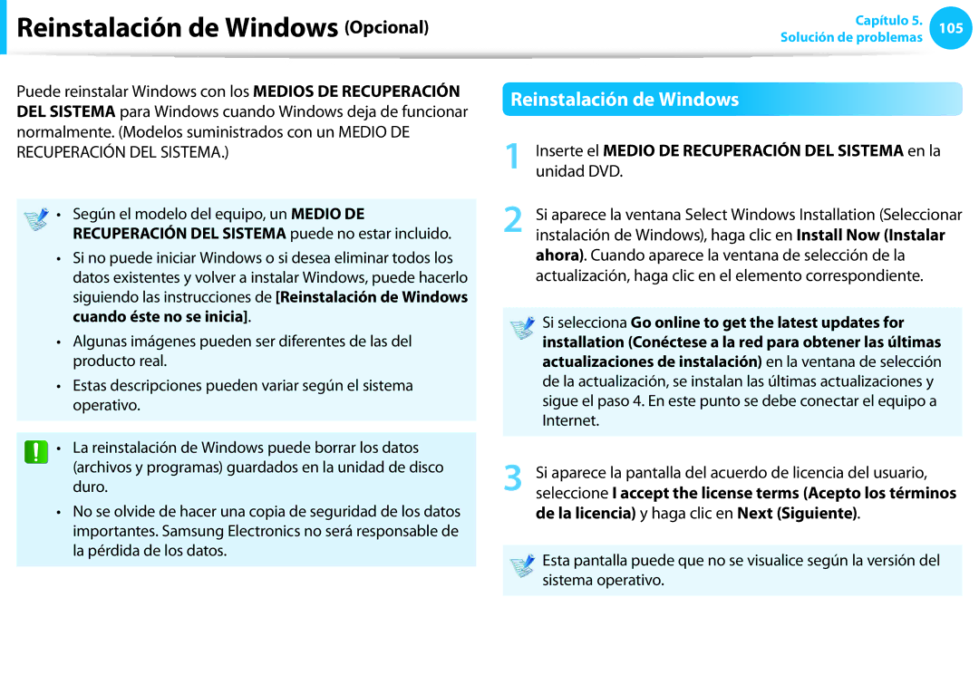 Samsung NP905S3G-K01AE, NP905S3G-K02PT, NP270E5E-X03ES, NP270E5E-X02ES, NP270E5E-X01ES manual Reinstalación de Windows Opcional 