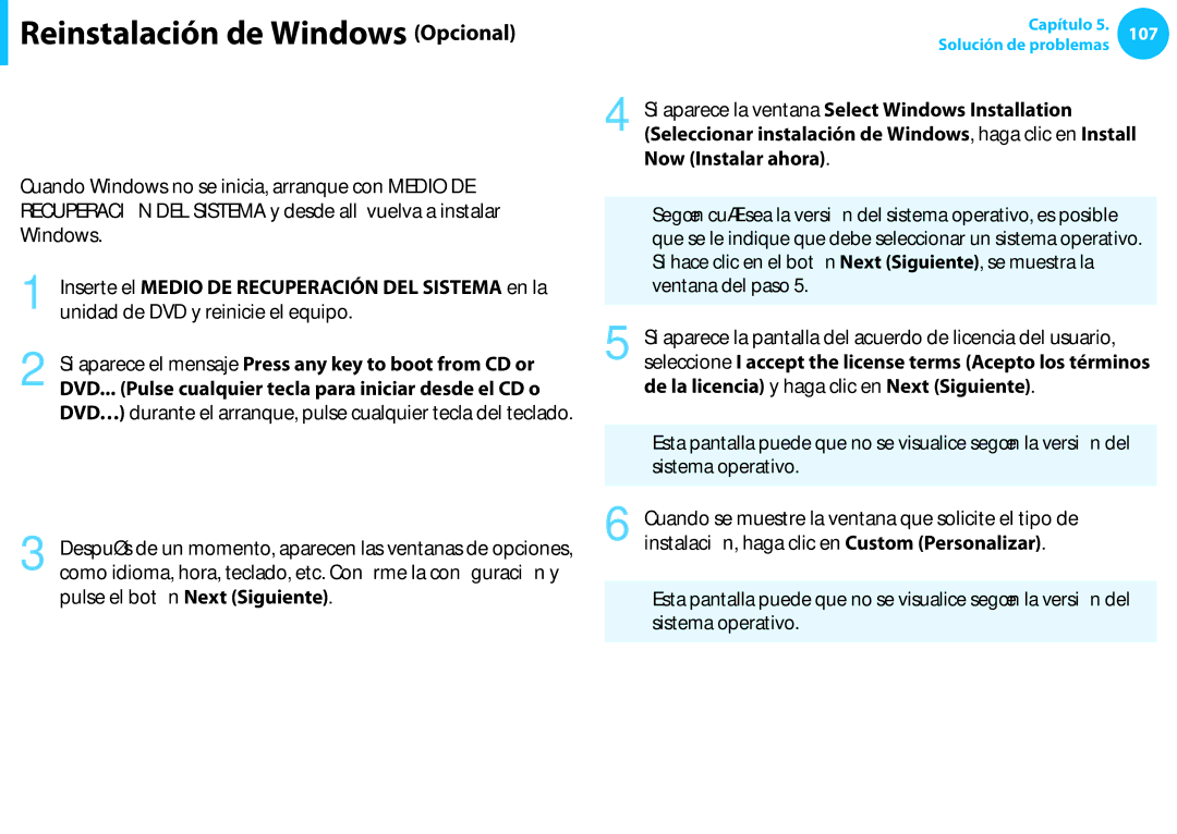 Samsung NP270E5E-X02ES manual Reinstalación de Windows cuando éste no se inicia, Unidad de DVD y reinicie el equipo 