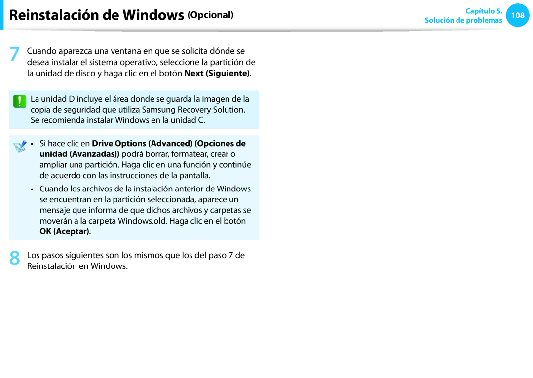 Samsung NP270E5E-X01ES manual De acuerdo con las instrucciones de la pantalla, OK Aceptar, Reinstalación en Windows 