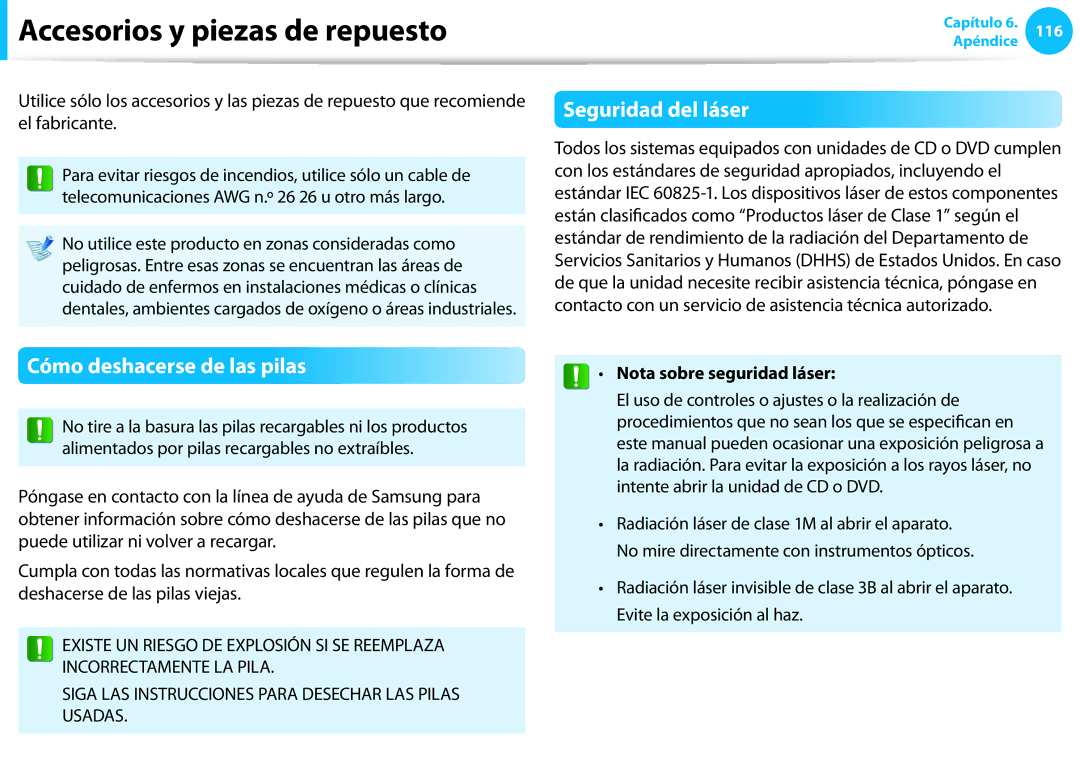 Samsung NP905S3G-K02ES, NP905S3G-K02PT Accesorios y piezas de repuesto, Cómo deshacerse de las pilas, Seguridad del láser 