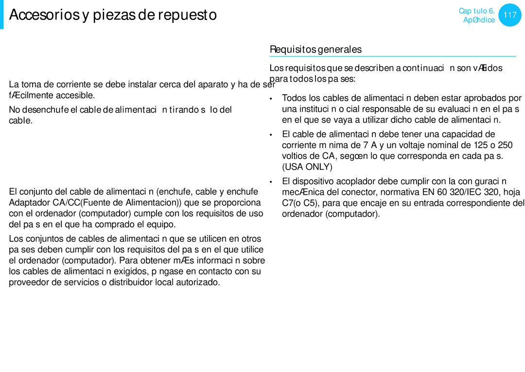 Samsung NP905S3G-K01ES, NP905S3G-K02PT, NP905S3G-K01AE manual Requisitos del cable de alimentación, Requisitos generales 