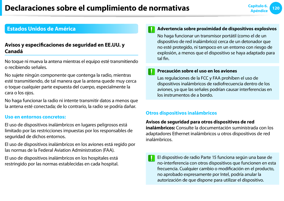 Samsung NP450R5E-X01ES manual Estados Unidos de América, Avisos y especificaciones de seguridad en EE.UU. y Canadá 