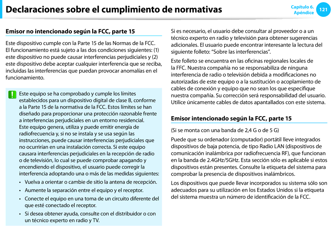 Samsung NP450R5E-X04ES, NP905S3G-K02PT Emisor no intencionado según la FCC, parte, Emisor intencionado según la FCC, parte 