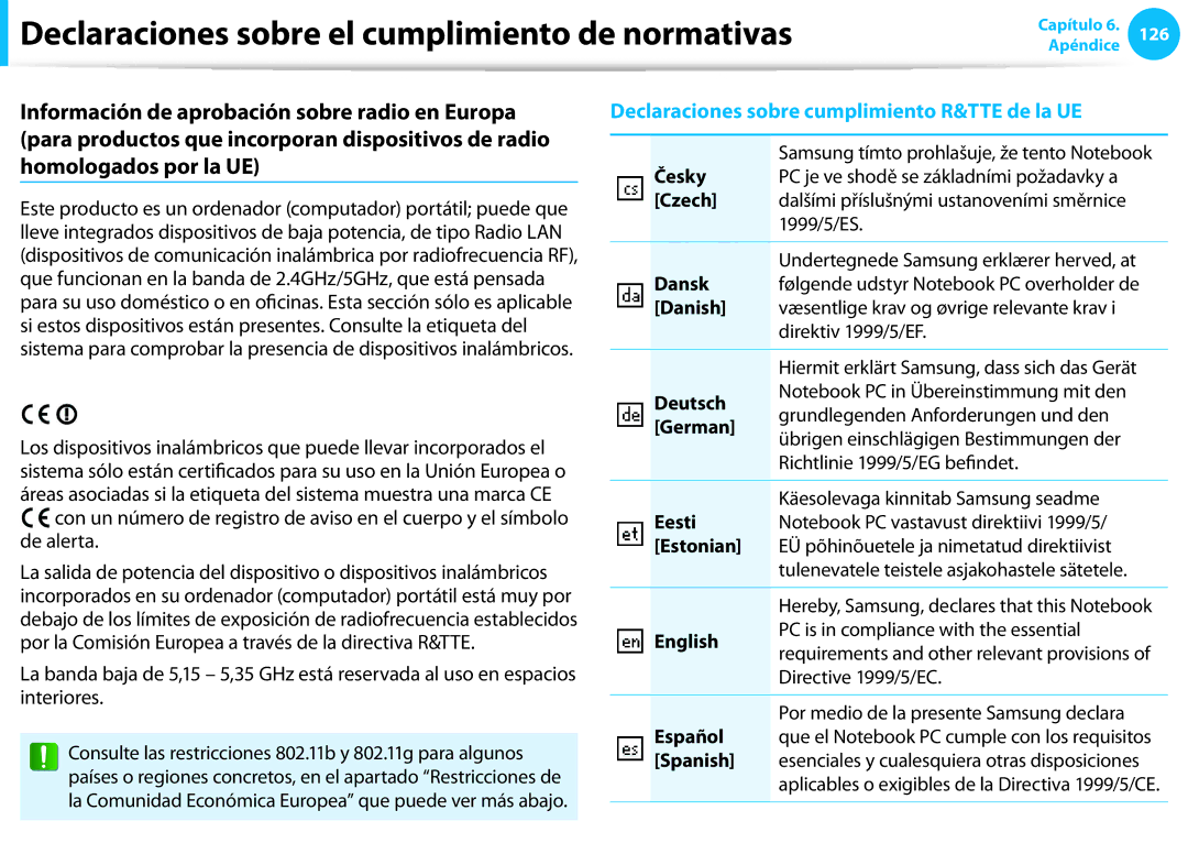 Samsung NP905S3G-K01AE manual Česky, Czech, Dansk, Danish, Deutsch, German, Eesti, Estonian, English, Español, Spanish 