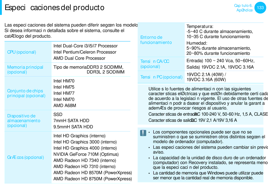 Samsung NP270E5G-K01PT, NP905S3G-K02PT, NP905S3G-K01AE, NP270E5E-X03ES, NP270E5E-X02ES manual Especificaciones del producto 