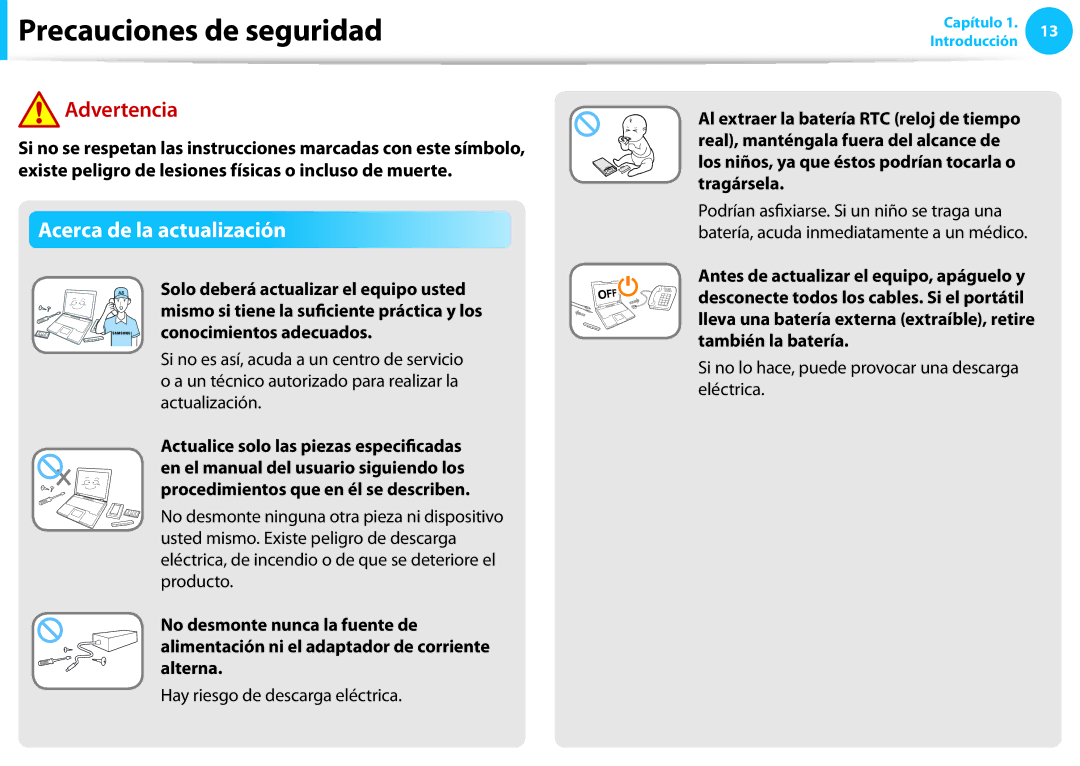 Samsung NP470R5E-X02ES Acerca de la actualización, Procedimientos que en él se describen, Hay riesgo de descarga eléctrica 