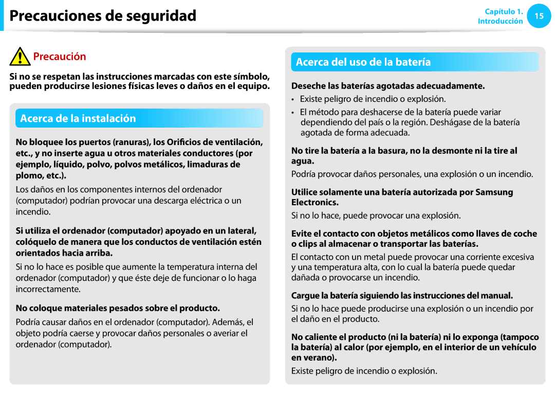 Samsung NP450R5E-X01ES manual No coloque materiales pesados sobre el producto, Deseche las baterías agotadas adecuadamente 