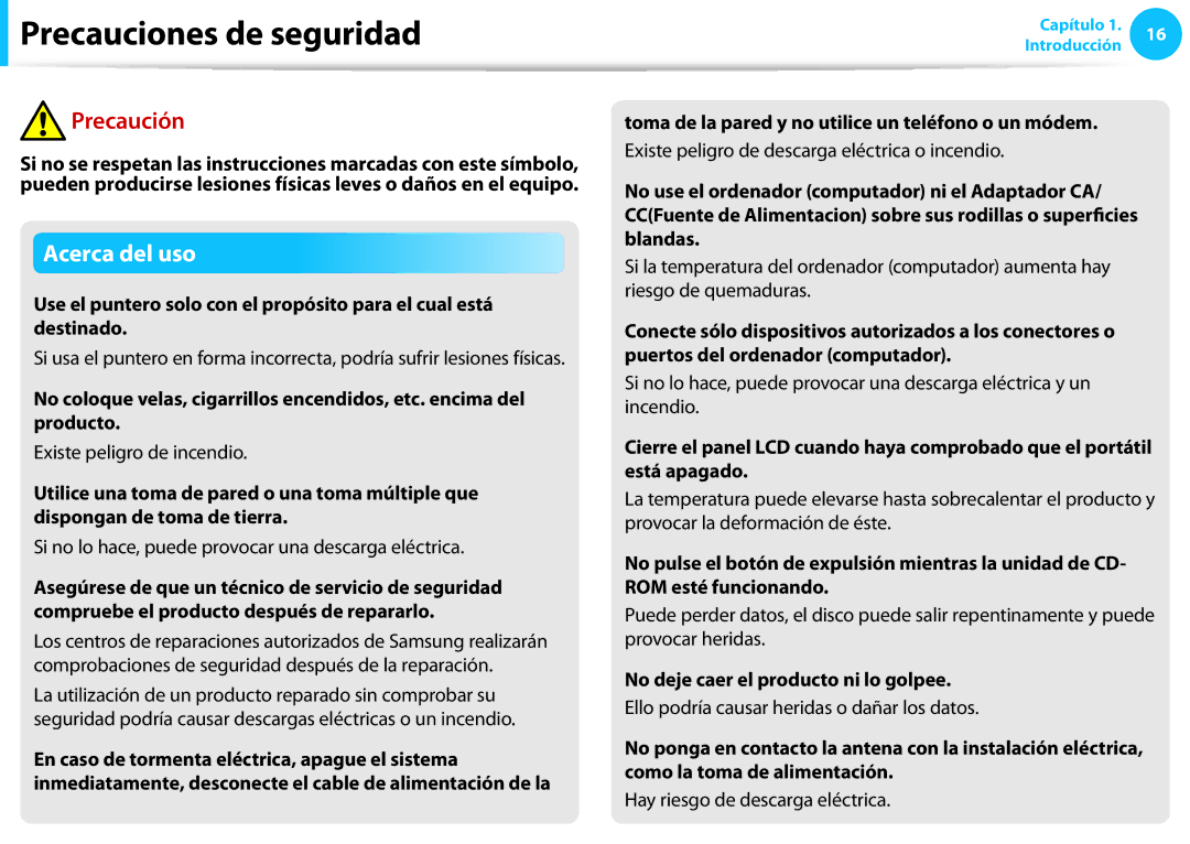 Samsung NP450R5E-X04ES, NP905S3G-K02PT Existe peligro de incendio, Toma de la pared y no utilice un teléfono o un módem 