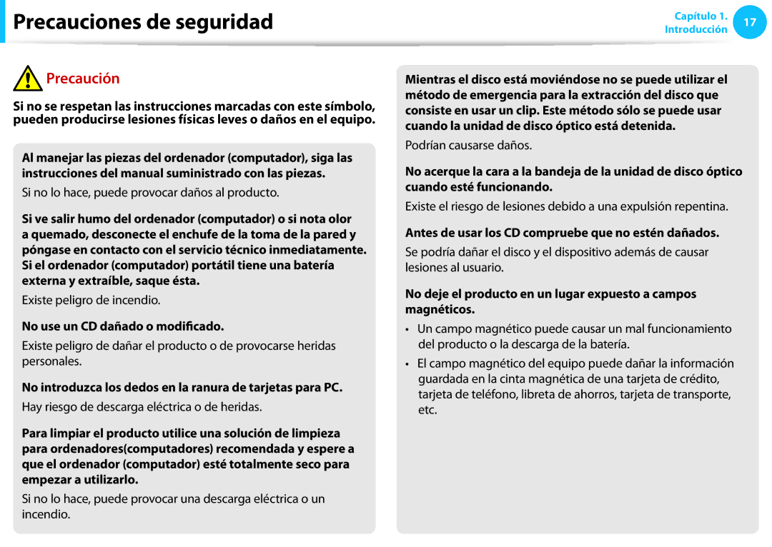 Samsung NP470R5E-X01ES manual No use un CD dañado o modificado, No introduzca los dedos en la ranura de tarjetas para PC 