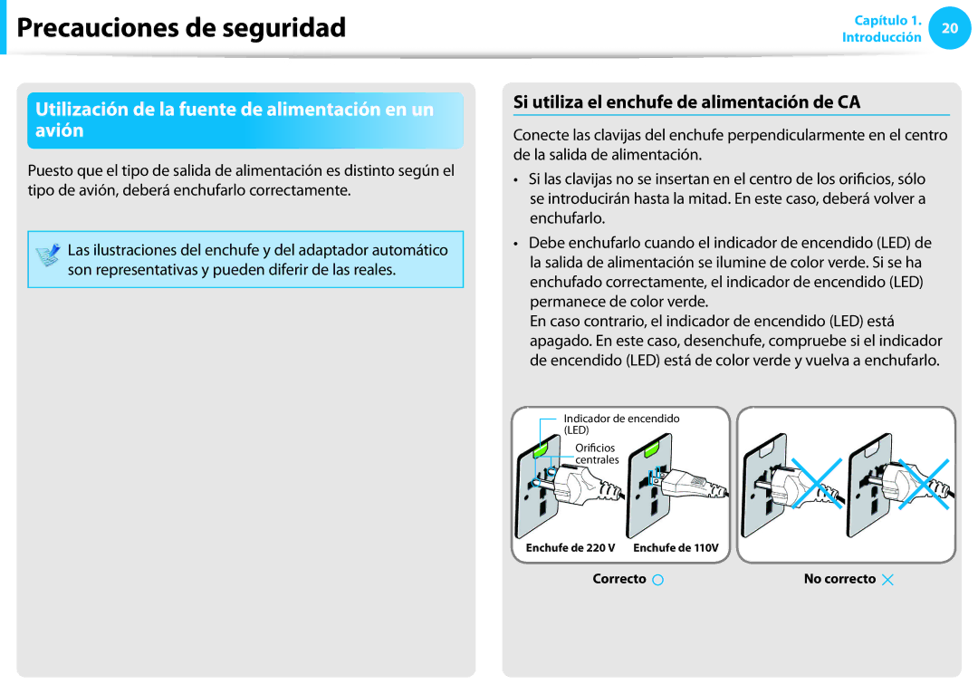 Samsung NP905S3G-K02PT Utilización de la fuente de alimentación en un avión, Si utiliza el enchufe de alimentación de CA 