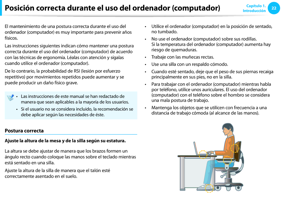 Samsung NP270E5E-X03ES, NP905S3G-K02PT manual Posición correcta durante el uso del ordenador computador, Postura correcta 