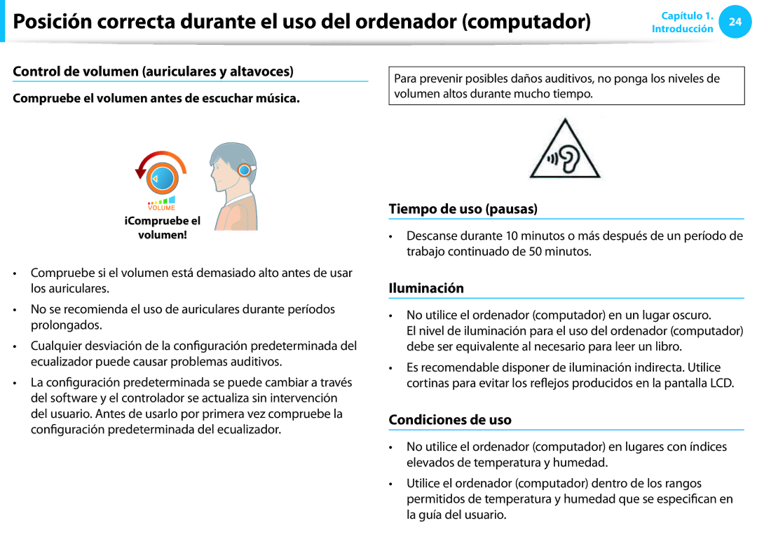 Samsung NP270E5E-X01ES Control de volumen auriculares y altavoces, Tiempo de uso pausas, Iluminación, Condiciones de uso 