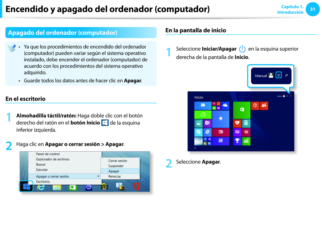 Samsung NP915S3G-K01ES, NP905S3G-K02PT manual Apagado del ordenador computador, En la pantalla de inicio, En el escritorio 