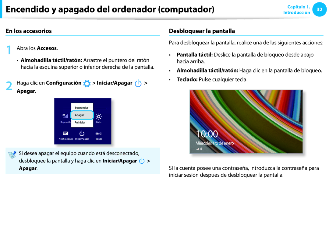 Samsung NP905S3G-K02ES manual En los accesorios, Desbloquear la pantalla, Haga clic en Configuración Iniciar/Apagar 