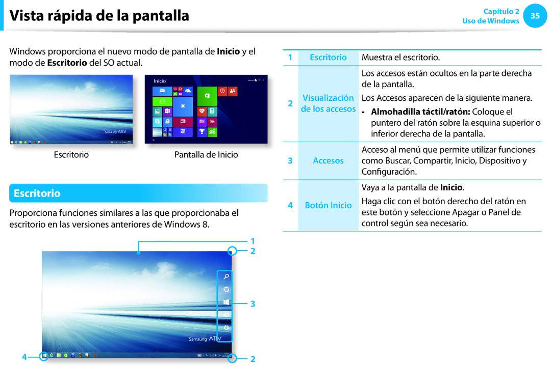 Samsung NP270E5E-K08ES, NP905S3G-K02PT, NP905S3G-K01AE, NP270E5E-X03ES Vista rápida de la pantalla, Escritorio, Botón Inicio 