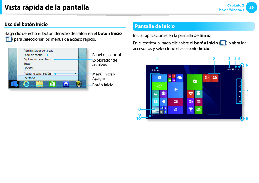 Samsung NP450R5E-X01ES, NP905S3G-K02PT, NP905S3G-K01AE, NP270E5E-X03ES manual Pantalla de Inicio, Uso del botón Inicio 