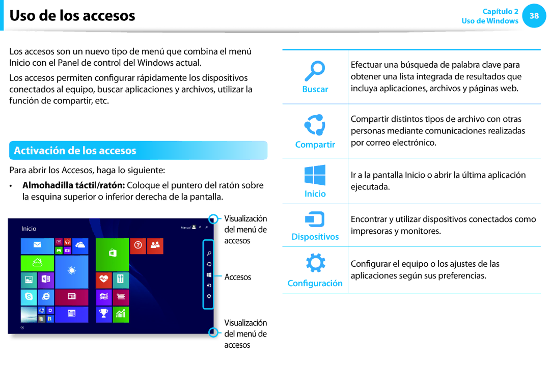 Samsung NP470R5E-X01ES, NP905S3G-K02PT, NP905S3G-K01AE Uso de los accesos, Activación de los accesos, Inicio, Dispositivos 