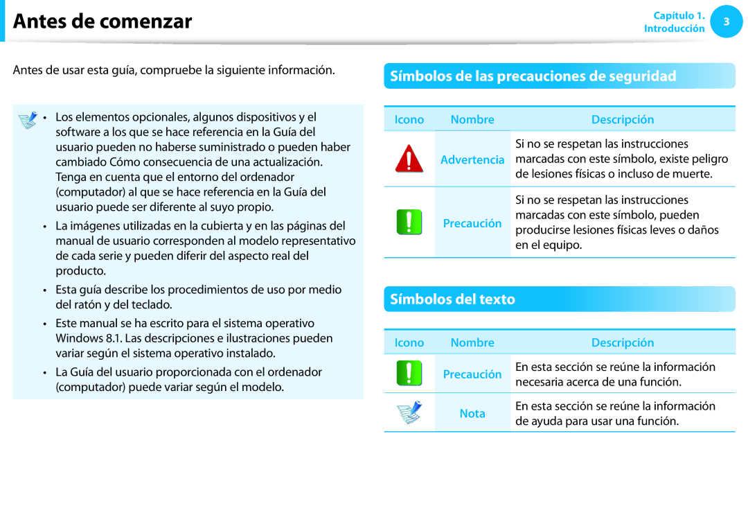 Samsung NP270E5E-X01ES, NP905S3G-K02PT Antes de comenzar, Símbolos de las precauciones de seguridad, Símbolos del texto 