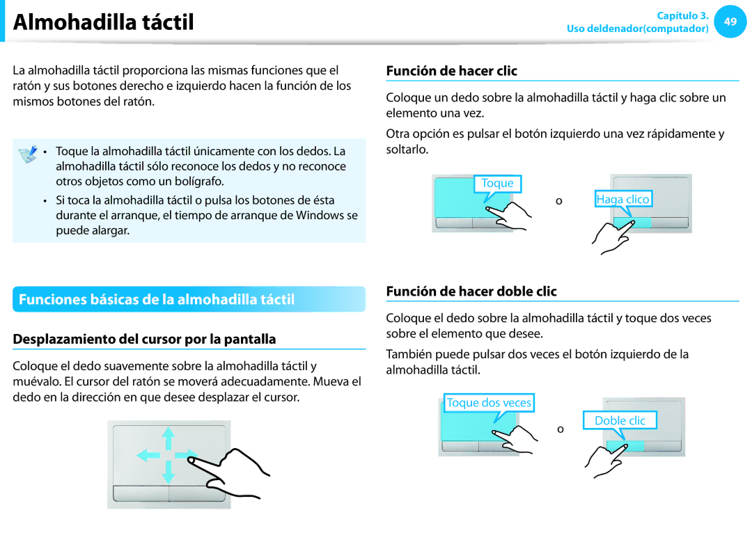 Samsung NP270E5G-K01PT manual Almohadilla táctil, Funciones básicas de la almohadilla táctil, Función de hacer clic 