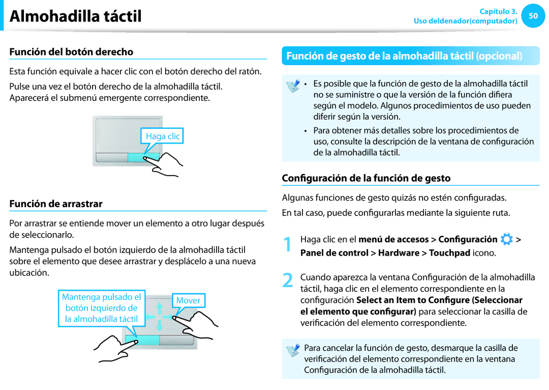 Samsung NP270E5E-K02ES manual Función del botón derecho, Función de arrastrar, Configuración de la función de gesto 