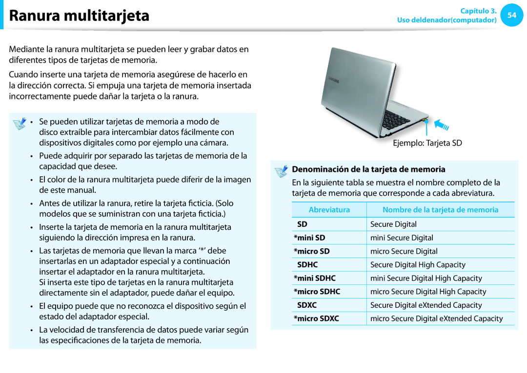 Samsung NP905S3G-K01ES, NP905S3G-K02PT manual Ranura multitarjeta, Ejemplo Tarjeta SD, Denominación de la tarjeta de memoria 