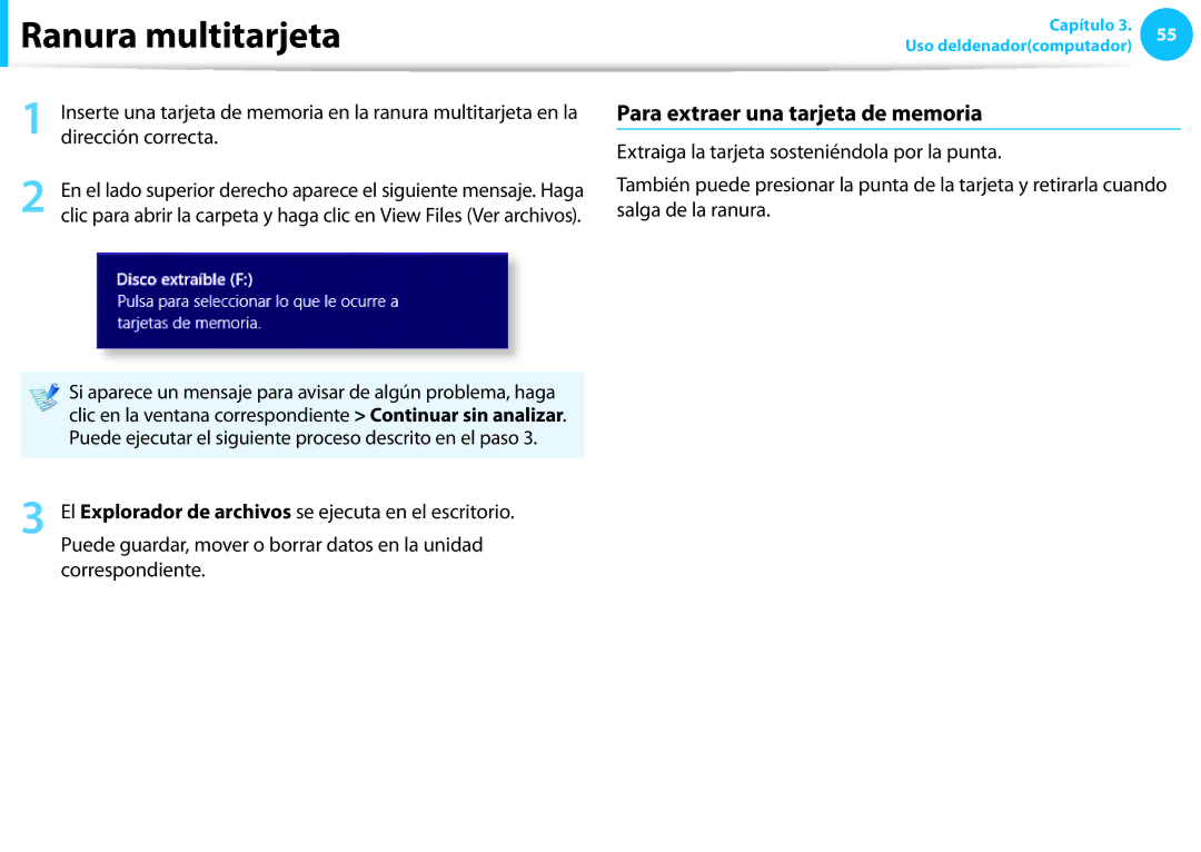 Samsung NP470R5E-X02ES manual Para extraer una tarjeta de memoria, El Explorador de archivos se ejecuta en el escritorio 