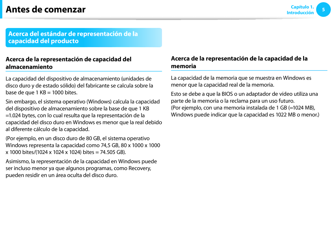 Samsung NP270E5E-K01ES, NP905S3G-K02PT, NP905S3G-K01AE manual Acerca de la representación de capacidad del almacenamiento 