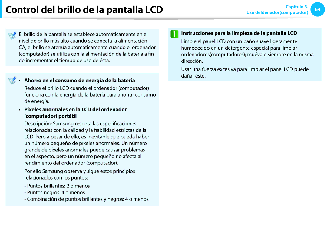 Samsung NP270E5E-X03ES Ahorro en el consumo de energía de la batería, Instrucciones para la limpieza de la pantalla LCD 