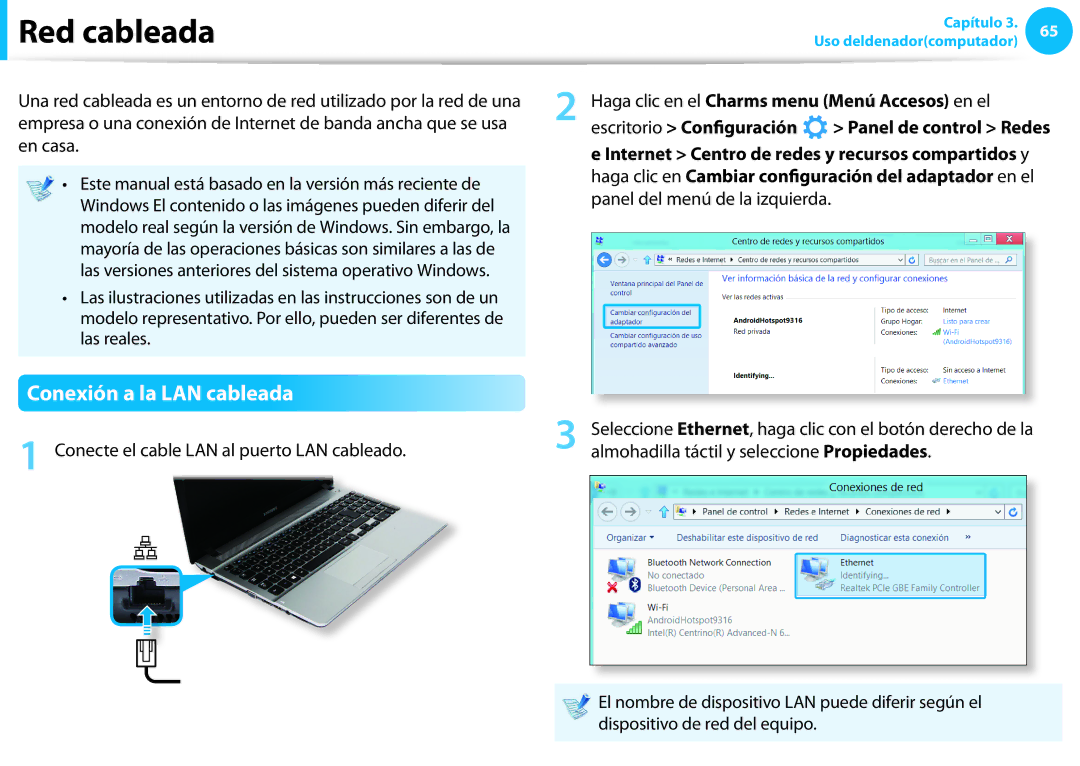 Samsung NP270E5E-X02ES manual Red cableada, Conexión a la LAN cableada, Conecte el cable LAN al puerto LAN cableado 