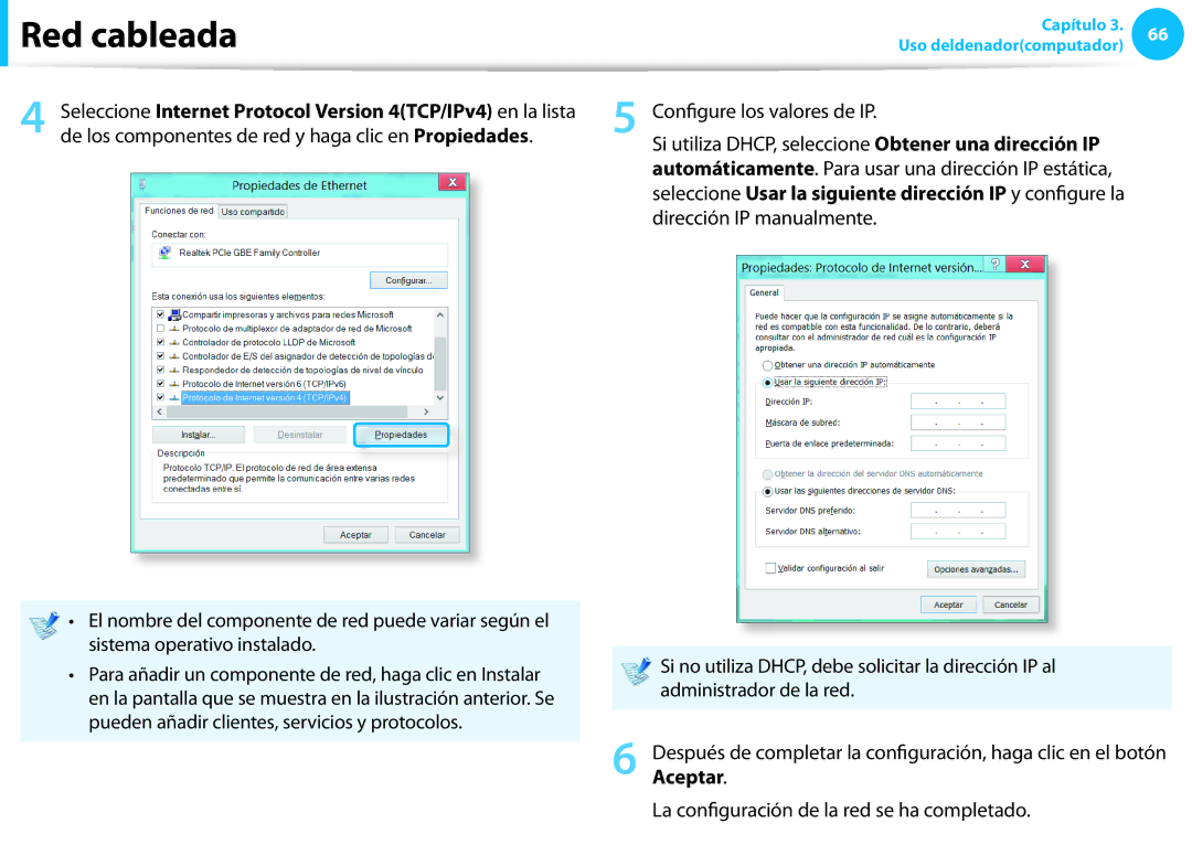 Samsung NP270E5E-X01ES, NP905S3G-K02PT Configure los valores de IP, Aceptar, La configuración de la red se ha completado 