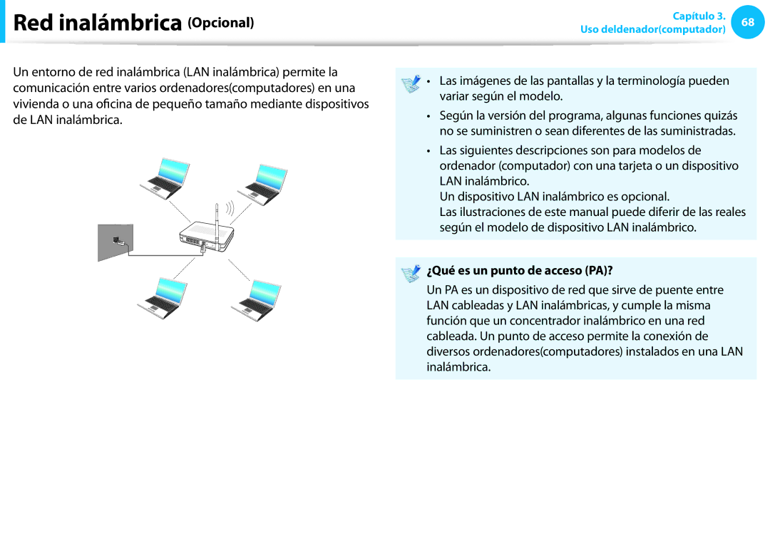 Samsung NP270E5E-K01ES, NP905S3G-K02PT, NP905S3G-K01AE manual Red inalámbrica Opcional, ¿Qué es un punto de acceso PA? 