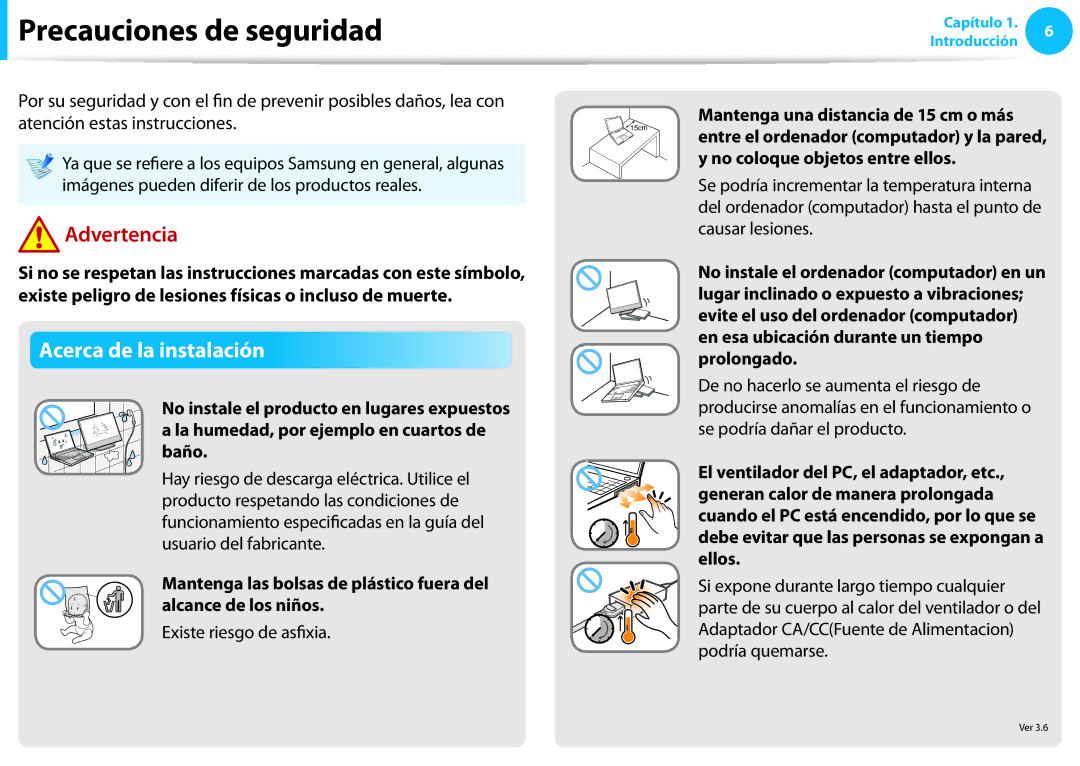 Samsung NP450R5E-X05ES, NP905S3G-K02PT manual Precauciones de seguridad, Acerca de la instalación, Existe riesgo de asfixia 