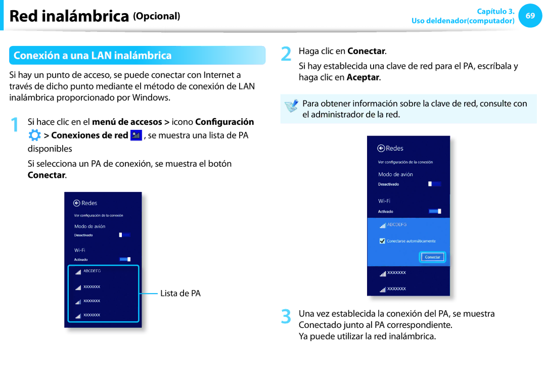 Samsung NP450R5E-X05ES manual Conexión a una LAN inalámbrica, Si hace clic en el menú de accesos icono Configuración 