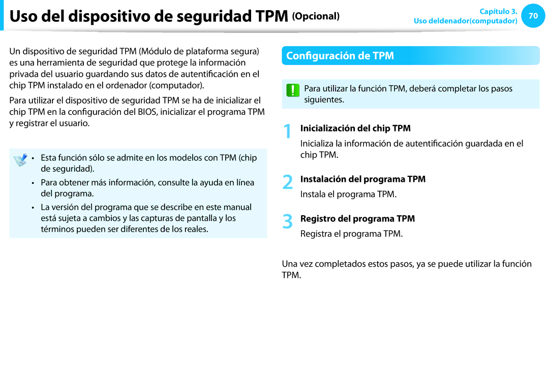 Samsung NP270E5G-K01PT Uso del dispositivo de seguridad TPM Opcional, Configuración de TPM, Inicialización del chip TPM 