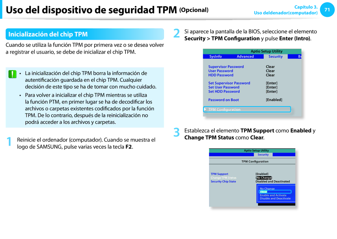 Samsung NP270E5E-K02ES, NP905S3G-K02PT, NP905S3G-K01AE manual Inicialización del chip TPM, Change TPM Status como Clear 