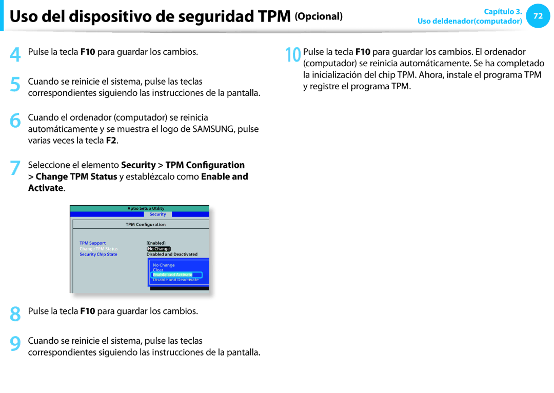 Samsung NP915S3G-K02PT Pulse la tecla F10 para guardar los cambios, Seleccione el elemento Security TPM Configuration 