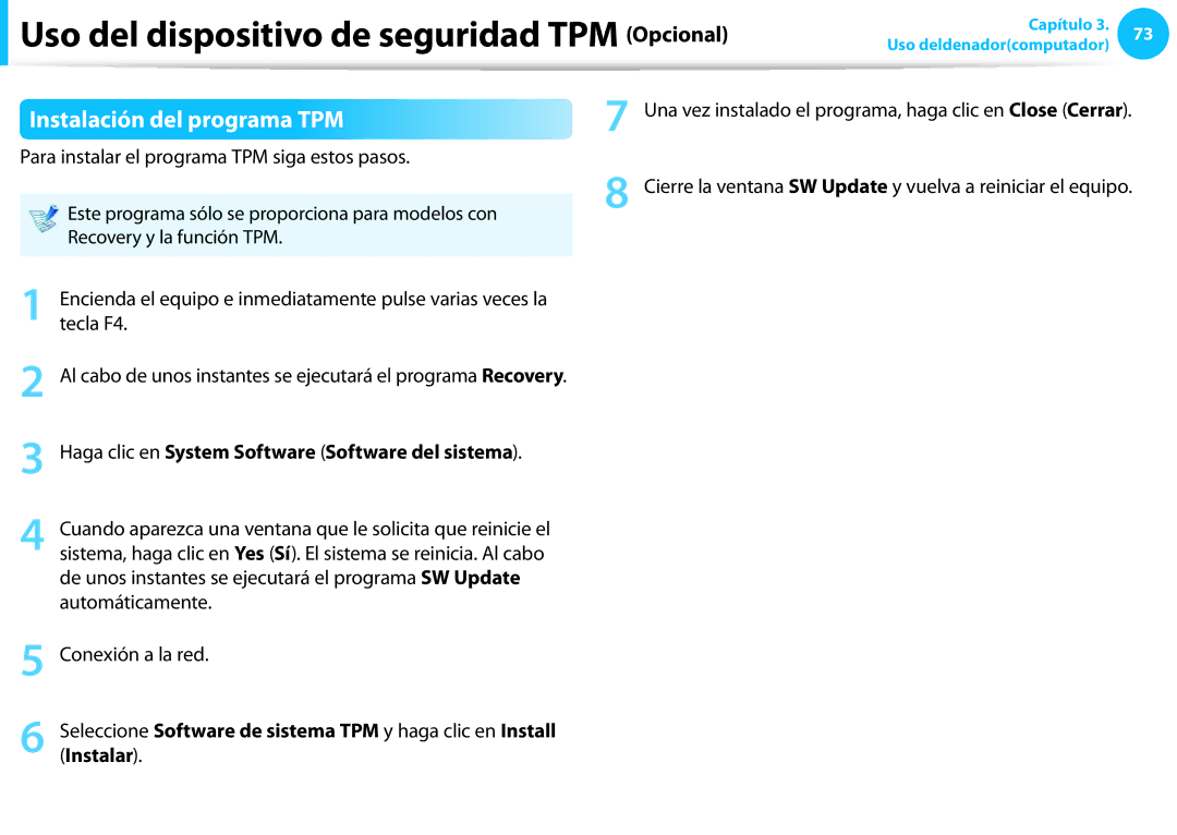 Samsung NP915S3G-K01ES, NP905S3G-K02PT manual Instalación del programa TPM, Para instalar el programa TPM siga estos pasos 