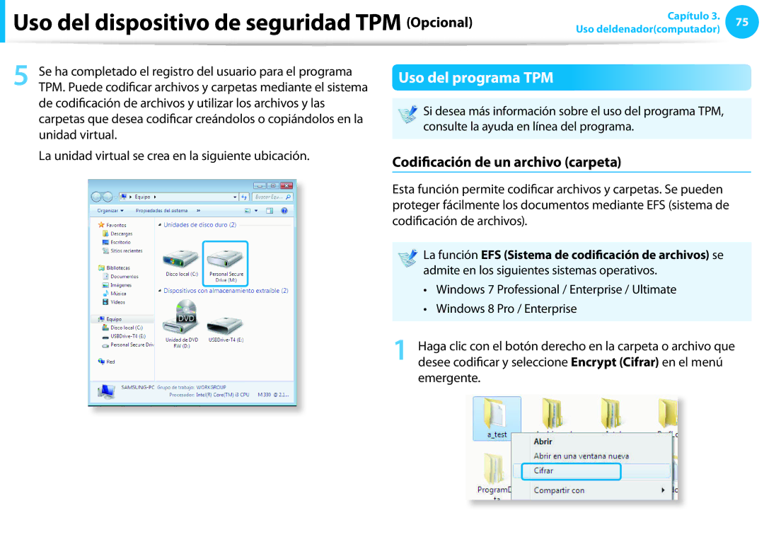 Samsung NP905S3G-K01ES, NP905S3G-K02PT, NP905S3G-K01AE manual Uso del programa TPM, Codificación de un archivo carpeta 