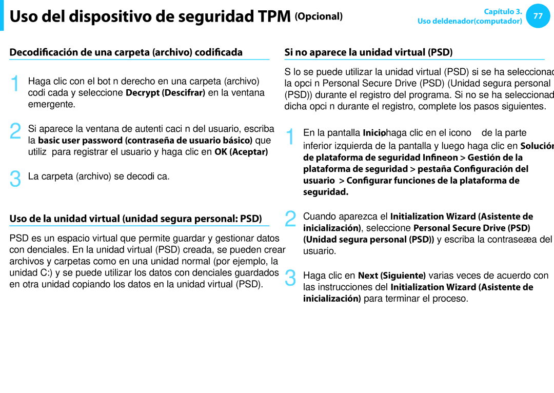 Samsung NP270E5E-K08ES manual Uso de la unidad virtual unidad segura personal PSD, La carpeta archivo se decodifica 