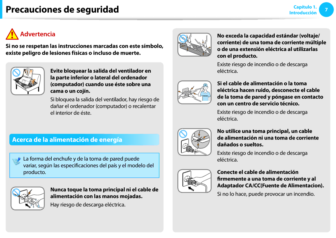 Samsung NP270E5G-K01PT manual Acerca de la alimentación de energía, Si bloquea la salida del ventilador, hay riesgo de 